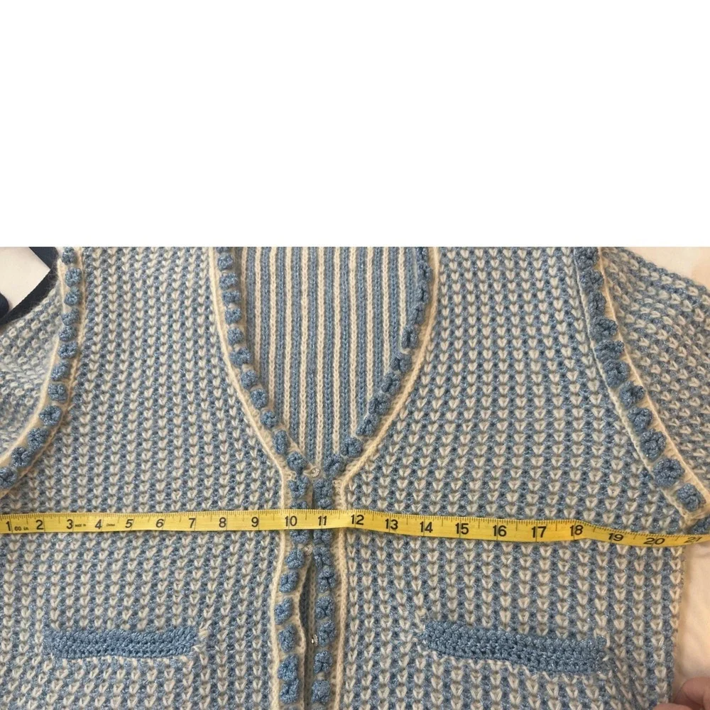 One Girl Who blue tweed cardigan mohair blend scallop metallic knit grandmacore